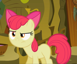 Size: 1043x865 | Tagged: safe, imported from derpibooru, screencap, apple bloom, earth pony, pony, the cutie pox, apple bloom's bow, bow, cropped, female, hair bow, raised eyebrow, solo