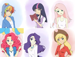 Size: 3500x2680 | Tagged: safe, artist:xxtemtation, imported from derpibooru, applejack, fluttershy, pinkie pie, rainbow dash, rarity, twilight sparkle, human, rabbit, balloon, book, clothes, cute, cutie mark on clothes, dashabetes, diapinkes, female, humanized, jackabetes, mane six, off shoulder, open mouth, ponytail, raribetes, shyabetes, tanktop, twiabetes