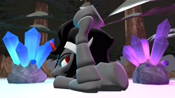 Size: 4000x2250 | Tagged: safe, artist:ghost reviews, imported from derpibooru, king sombra, pony, unicorn, 3d, blue, crystal, divided, glow, glowing, glowing gems, half, king, looking at self, looking at something, lying down, male, modular, not salmon, purple, sitting, sitting on head, sitting on self, snow, solo, source filmmaker, that pony sure does love crystals, time out, toy anatomy, toy logic, toy physics, tree, wat, winter
