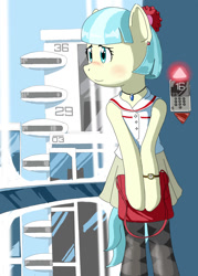 Size: 858x1200 | Tagged: safe, artist:vinilyart, imported from derpibooru, coco pommel, semi-anthro, blushing, clothes, cocobetes, cute, ear piercing, earring, elevator, female, human shoulders, jewelry, necklace, pantyhose, piercing, pleated skirt, purse, skirt, sleeveless, solo, watch