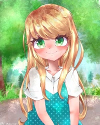 Size: 1024x1280 | Tagged: safe, artist:naginiko, imported from derpibooru, applejack, human, blushing, colored pupils, cute, eyebrows, eyebrows visible through hair, female, heart eyes, humanized, jackabetes, looking at you, missing accessory, solo, wingding eyes
