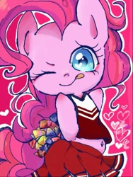 Size: 385x512 | Tagged: safe, artist:naginiko, imported from derpibooru, pinkie pie, pony, belly button, cheerleader pinkie, clothes, cute, diapinkes, female, heart, heart eyes, midriff, miniskirt, moe, one eye closed, pink background, pleated skirt, pom pom, simple background, skirt, solo, tongue out, weapons-grade cute, wingding eyes, wink