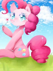 Size: 960x1280 | Tagged: safe, artist:naginiko, imported from derpibooru, pinkie pie, earth pony, pony, cloud, colored pupils, cute, diapinkes, female, flower, heart eyes, hoof hold, mare, sitting, solo, wingding eyes
