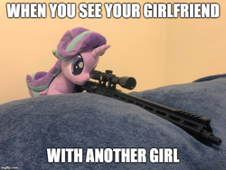 Size: 666x500 | Tagged: safe, artist:nekokevin, artist:yaop, deleted from derpibooru, edit, imported from derpibooru, starlight glimmer, pony, series:nekokevin's glimmy, caption, female, gun, image macro, irl, lesbian, photo, plushie, snipelight glimmer, weapon, yandere, yandere glimmer