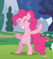 Size: 558x624 | Tagged: safe, imported from derpibooru, screencap, pinkie pie, earth pony, pony, baby cakes, bipedal, cropped, eyes closed, female, mare, raised hoof, smiling, solo, teeth