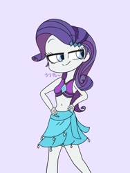 Size: 768x1024 | Tagged: safe, artist:nene, imported from derpibooru, rarity, equestria girls, equestria girls series, forgotten friendship, belly button, clothes, cute, female, hand on hip, midriff, raribetes, rarity's blue sarong, rarity's purple bikini, sarong, simple background, smiling, solo, swimsuit, white background