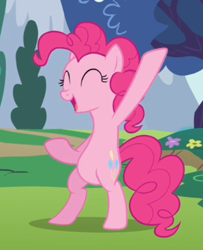 Size: 497x612 | Tagged: safe, imported from derpibooru, screencap, pinkie pie, earth pony, pony, baby cakes, bipedal, cropped, eyes closed, female, hoof in air, mare, open mouth, raised hoof, smiling, solo