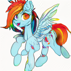 Size: 256x256 | Tagged: safe, artist:aerial, derpibooru exclusive, imported from derpibooru, prompter:aerial, rainbow dash, pegasus, pony, ai content, ai generated, candy gore, computer generated, gore, looking at you, machine learning, simple background, white background