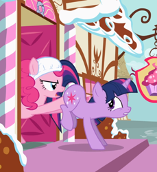 Size: 858x937 | Tagged: safe, imported from derpibooru, screencap, pinkie pie, twilight sparkle, earth pony, pony, unicorn, baby cakes, butt touch, cropped, diaper, diaper on head, duo, female, hoof on butt, mare, open mouth, out of context, pushing, sugarcube corner, unicorn twilight