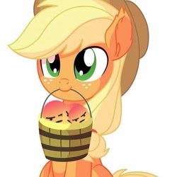 Size: 605x606 | Tagged: safe, artist:cyanlightning, edit, imported from derpibooru, applejack, earth pony, pony, applejack's hat, bucket, cowboy hat, emoji, female, freckles, hat, mare, mouth hold, smiling