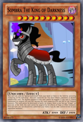 Size: 418x610 | Tagged: safe, edit, edited screencap, imported from derpibooru, screencap, king sombra, pony, unicorn, season 9, the beginning of the end, spoiler:s09, 2019, ccg, dark magic, magic, male, raised hoof, stallion, trading card, trading card edit, yu-gi-oh!