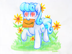 Size: 2048x1536 | Tagged: safe, artist:dawnfire, imported from derpibooru, oc, oc only, oc:packing peanuts, pony, amazon.com, blue mane, flower, package, packing peanuts, pink eyes, raised hoof, raised leg, simple background, sunflower, traditional art, white coat