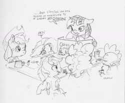 Size: 2403x1993 | Tagged: safe, artist:dilarus, deleted from derpibooru, imported from derpibooru, applejack, fluttershy, pinkie pie, rainbow dash, spike, twilight sparkle, alicorn, dragon, earth pony, pegasus, pony, cider, dialogue, dice, dungeons and dragons, female, hat, male, mare, monochrome, ogres and oubliettes, simple background, smoldash, spike is not amused, tallershy, tankard, traditional art, twilight sparkle (alicorn), unamused, white background