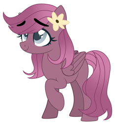 Size: 1280x1365 | Tagged: safe, artist:crumble-dumble, imported from derpibooru, oc, oc only, pegasus, pony, cute, eyebrows, female, flower, flower in hair, mare, offspring, parent:big macintosh, parent:marble pie, parents:marblemac, raised hoof, simple background, solo, transparent background