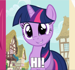 Size: 600x562 | Tagged: safe, edit, edited screencap, imported from derpibooru, screencap, twilight sparkle, pony, unicorn, baby cakes, bronybait, caption, cropped, cute, female, image macro, impact font, mare, ponyville, smiling, solo, text, twiabetes, unicorn twilight