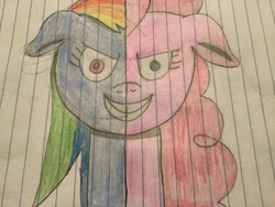 Size: 3264x2448 | Tagged: safe, artist:asiandra dash, artist:bendy and the little ponies, artist:rainbow dash is best pony, artist:rainbow factory dash, imported from derpibooru, pinkie pie, rainbow dash, pony, fanfic:cupcakes, fanfic:rainbow factory, colored pencil drawing, lined paper, pencil outline, pencil shading, rainbow factory dash, traditional art, two sided posters