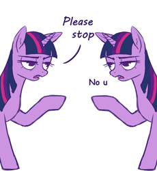 Size: 1007x1093 | Tagged: safe, anonymous artist, edit, imported from derpibooru, twilight sparkle, pony, dialogue, ear fluff, female, lidded eyes, looking at each other, mare, no u, open mouth, raised hoof, self ponidox, simple background, white background