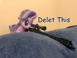 Size: 2048x1536 | Tagged: safe, deleted from derpibooru, edit, imported from derpibooru, starlight glimmer, pony, ar-15, ar15, caption, delet this, gun, image macro, irl, meme, photo, plushie, snipelight glimmer, weapon