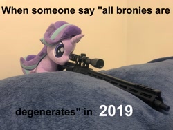 Size: 4032x3024 | Tagged: safe, deleted from derpibooru, edit, imported from derpibooru, starlight glimmer, pony, caption, current year, gun, image macro, plushie, snipelight glimmer, weapon