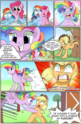 Size: 1800x2740 | Tagged: safe, artist:candyclumsy, artist:multi-commer, imported from derpibooru, applejack, pinkie pie, rainbow dash, oc, oc:rainbow cupcake, earth pony, hybrid, pegasus, pony, comic:the great big fusion, comic, fuse, fusion, fusion:rainbow cupcake, merging, pranked, scared, shocked, tackle, thunder, wtf, xk-class end-of-the-world scenario