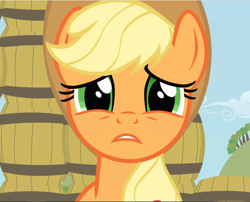 Size: 1164x941 | Tagged: safe, imported from derpibooru, screencap, applejack, earth pony, pony, the super speedy cider squeezy 6000, barrel, close-up, cropped, female, mare, sad, sad eyes, solo