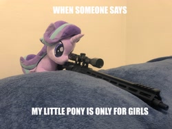 Size: 4032x3024 | Tagged: safe, artist:nekokevin, artist:yaop, deleted from derpibooru, edit, editor:genericarchangel, imported from derpibooru, starlight glimmer, pony, series:nekokevin's glimmy, caption, exploitable meme, gun, image macro, irl, meme, photo, plushie, snipelight glimmer, solo, weapon