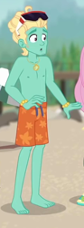 Size: 244x657 | Tagged: safe, imported from derpibooru, screencap, zephyr breeze, blue crushed, equestria girls, equestria girls series, bare chest, barefoot, clothes, cropped, feet, legs, male, male nipples, nipples, shorts, sunglasses, swimming trunks, toes, topless, zephyr's necklace