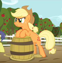 Size: 914x939 | Tagged: safe, imported from derpibooru, screencap, applejack, earth pony, pony, the super speedy cider squeezy 6000, angry, apple tree, barrel, bipedal, bipedal leaning, cropped, female, freckles, leaning, mare, offscreen character, rope, solo focus, tree