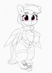 Size: 1280x1797 | Tagged: safe, artist:pabbley, imported from derpibooru, rainbow dash, pegasus, pony, 30 minute art challenge, bipedal, boots, clothes, female, monochrome, partial color, shoes, solo, winter outfit