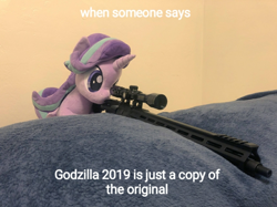 Size: 876x656 | Tagged: safe, artist:nekokevin, artist:yaop, deleted from derpibooru, imported from derpibooru, starlight glimmer, pony, unicorn, series:nekokevin's glimmy, aero precision, ar-15, ar15, female, godzilla 2014 sequel, gun, irl, mare, photo, plushie, rifle, simple background, snipelight glimmer, solo, weapon