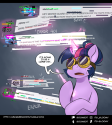 Size: 750x837 | Tagged: safe, artist:cosmalumi, artist:its-gloomy, imported from derpibooru, twilight sparkle, pony, tumblr:ask queen moon, glowing horn, goggles, magic, solo