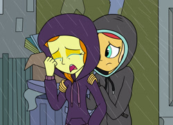 Size: 2152x1550 | Tagged: safe, artist:eagc7, imported from derpibooru, adagio dazzle, sunset shimmer, human, equestria girls, clothes, comforting, crying, duo, duo female, female, hoodie, rain, requested art, sad