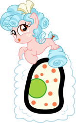 Size: 937x1500 | Tagged: safe, artist:cloudy glow, artist:cloudyglow, imported from derpibooru, cozy glow, seapony (g4), cozybetes, cute, female, food, micro, ponies in food, ponies in sushi, seaponified, seapony cozy, seapony cozy glow, simple background, solo, species swap, sushi, sushi pony, tongue out, transparent background