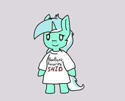 Size: 612x498 | Tagged: safe, artist:firecracker, edit, imported from derpibooru, lyra heartstrings, pony, unicorn, clothes, female, implied bon bon, l.u.l.s., mare, shid, shirt, simple background, smiling, solo, t-shirt, u lil shid