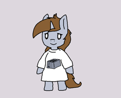 Size: 612x498 | Tagged: safe, artist:firecracker, edit, imported from derpibooru, oc, oc only, oc:littlepip, pony, unicorn, fallout equestria, bipedal, clothes, fanfic, fanfic art, female, gray background, hooves, horn, mare, shirt, simple background, smiling, solo, t-shirt, toaster, toaster repair pony