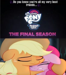 Size: 1358x1541 | Tagged: safe, imported from derpibooru, screencap, applejack, pinkie pie, earth pony, pony, my little pony: the movie, season 9, spoiler:s09, applejack's hat, caption, cowboy hat, crying, crying on the outside, duo, duo female, female, floppy ears, hat, hug, image macro, sad, text