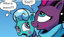 Size: 1122x657 | Tagged: safe, artist:andypriceart, artist:徐詩珮, edit, idw, imported from derpibooru, fizzlepop berrytwist, glitter drops, tempest shadow, unicorn, my little pony: the movie, spoiler:comic68, broken horn, clothes, engrish, exploitable meme, female, glittershadow, horn, lesbian, meme, scarf, shipping, tempest's tale