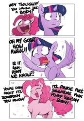 Size: 935x1350 | Tagged: safe, artist:shoutingisfun, imported from derpibooru, pinkie pie, twilight sparkle, alicorn, earth pony, pony, :d, bait and switch, chubbie pie, chubby, comic, dialogue, eyes closed, female, mare, misunderstanding, mood whiplash, open mouth, plump, simple background, sparkles, spread wings, twilight sparkle (alicorn), white background, wings