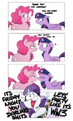 Size: 935x1552 | Tagged: safe, artist:shoutingisfun, imported from derpibooru, pinkie pie, rarity, twilight sparkle, alicorn, earth pony, pony, unicorn, and then there's rarity, block, blushing, bottle, chubbie pie, chubby, comic, darling, drunk rarity, female, floppy ears, friday, friday night, implied ww3, lesbian, looking at each other, magic, mare, open mouth, plump, shipping, simple background, sophisticated as hell, spread wings, telekinesis, twilight sparkle (alicorn), twinkie, vulgar, white background, wingboner, wings, world war iii