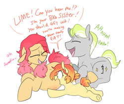 Size: 1161x971 | Tagged: safe, artist:redxbacon, imported from derpibooru, oc, oc only, oc:crotchet beat, oc:golden eight, oc:sunny lane, oc:trash, pony, cute, family, father and daughter, female, filly, laughing, male, mare, mother and daughter, pregnant, stallion, younger