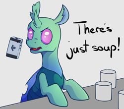 Size: 1226x1080 | Tagged: artist needed, safe, imported from derpibooru, soupling, changedling, changeling, /mlp/, cellphone, code ment, drawthread, food, i'm at soup, phone, solo, soup, yelling