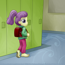 Size: 1500x1500 | Tagged: safe, artist:smudge proof, imported from derpibooru, lily pad (equestria girls), equestria girls, backpack, barefoot, barefooting, canterlot high, clothes, commission, dirty feet, feet, female, lily pad (g4), randoseru, sketch, soles, solo, toes