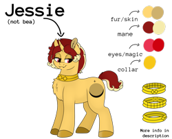 Size: 1175x956 | Tagged: safe, artist:69beas, imported from derpibooru, oc, oc only, oc:jessie feuer, pony, unicorn, chest fluff, collar, digital art, ear fluff, female, lidded eyes, mare, reference sheet, simple background, solo, text, transparent background
