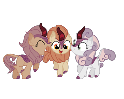 Size: 2500x2000 | Tagged: safe, artist:andromedasparkz, imported from derpibooru, apple bloom, scootaloo, sweetie belle, kirin, cutie mark crusaders, eyes closed, female, kirin apple bloom, kirin-ified, simple background, smiling, species swap, transparent background