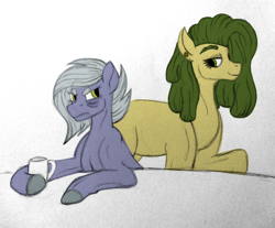 Size: 2500x2072 | Tagged: safe, artist:thr3eguess3s, imported from derpibooru, limestone pie, oc, oc:apple core, earth pony, pony, bags under eyes, coffee mug, duo, eyebrows, female, mare, mixed media, morning ponies, mother and daughter, mug, offspring, parent:big macintosh, parent:limestone pie, parents:limemac, vulgar description