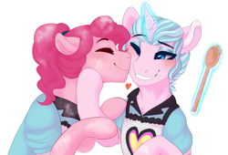 Size: 3137x2137 | Tagged: safe, artist:miamaha, imported from derpibooru, pinkie pie, sunny sugarsocks, pony, unicorn, coinky-dink world, eqg summertime shorts, alternate universe, clothes, cute, equestria girls ponified, eyes closed, female, glowing horn, human pony pinkie pie, lesbian, mare, ponified, server pinkie pie, shipping, smiling, sunnypie