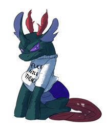 Size: 689x809 | Tagged: artist needed, source needed, safe, imported from derpibooru, pharynx, changedling, changeling, /mlp/, angry, clothes, drawthread, ow the edge, prince pharynx, shirt, simple background, solo, vulgar, white background