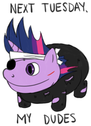 Size: 857x1183 | Tagged: artist needed, safe, imported from derpibooru, twilight sparkle, pony, unicorn, it's about time, /mlp/, alternate hairstyle, budgett's frog, chibi, drawthread, eyepatch, female, future twilight, headband, it is wednesday my dudes, mare, meme, scar, simple background, smiling, solo, unicorn twilight, white background