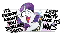 Size: 935x511 | Tagged: safe, artist:shoutingisfun, edit, editor:i-shooped-a-pwny, imported from derpibooru, rarity, twilight sparkle, alicorn, earth pony, pony, unicorn, alcohol, bottle, censored, censored vulgarity, champagne, champagne glass, cropped, darling, female, friday night, glass, implied lesbian, implied shipping, implied twinkie, magic, mare, open mouth, party, simple background, solo focus, sophisticated as hell, swearing, twilight sparkle (alicorn), vulgar, white background, wine, world war iii