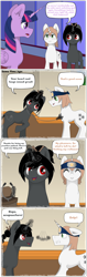 Size: 1024x3247 | Tagged: safe, artist:zeronitroman, imported from derpibooru, twilight sparkle, oc, oc:ebony darkness, oc:healing touch, alicorn, pony, acupuncture, angry, annoyed, checkup, cutie mark swap, headband, magic, needles, nervous, ninja, stethoscope, twilight sparkle (alicorn)